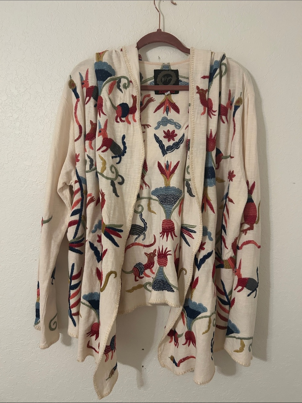 Johnny Was Biya Embroidered Hooded Sweater Druoin Short Cardigan Animals - Picture 2 of 6
